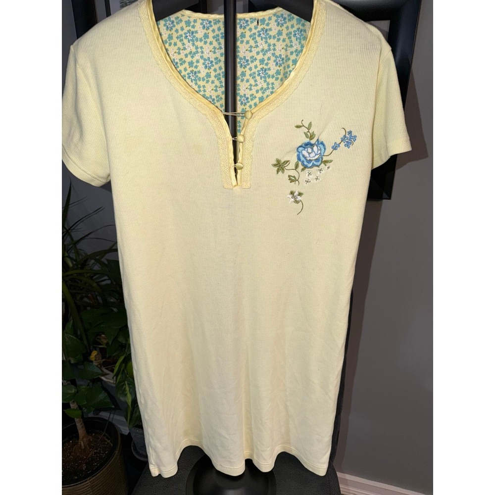 Womens Yellow Floral Embroidered‎ Henley Nightgown L